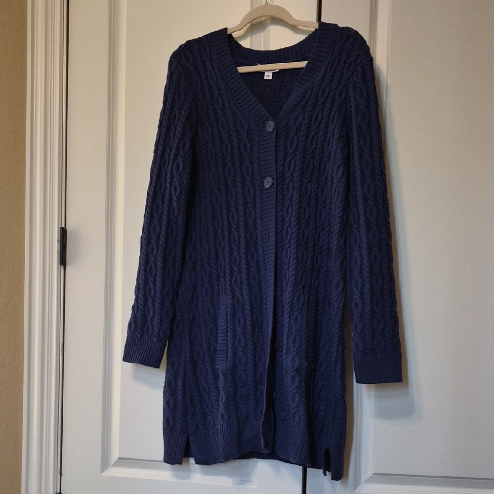 Navy Cable-Knit V-Neck Long Cardigan Sweater
